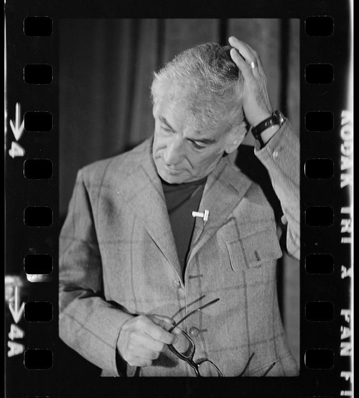 Leonard Bernstein rehearses a speech at Harvard's Sanders Theatre, Cambridge