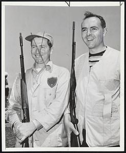 Winner of 410 Gauge Skeet Championship and Runner-Up Lordshio, Conn.. Sat., June 21, 1947.. The 15th Annual Great Eastern Skeet Championships, going into the second day at the Remington Gun Club here, saw Al E. Wolfinger (left), Bridgeport, Conn., score 95 x 100 to win the Great Eastern 410 Gauge Skeet Championship. Runner up was Dick Shaughnessy (right), of Egypt, Mass., who has won this event three times. His score today was 94 x 100.