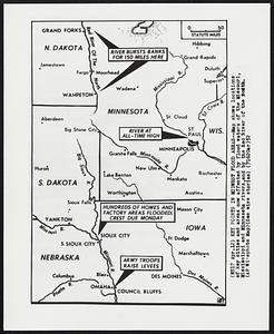 Key Points in Midwest Flood Areas--Map shows locations of key cities and areas now affected by flood waters of the Missouri, Mississippi and Minnesota rivers, and by the Red river of the North.