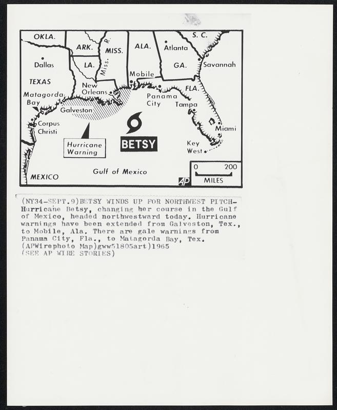 Betsy Winds Up For Northwest Pitch -- Hurricane Bets, changing her course in the Gulf of Mexico, headed northwestward today. Hurricane warnings have been extended from Galveston, Tex., to Mobile, Ala. There are gale warnings from Panama City, Fla., to Matagorda Bay, Tex.