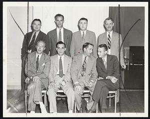 Curtis Publishing Company Officials at a dinner at the Hotel Lenox last night. Seated, left to right: David Adams, president, University Distributing Company; Victor Lance, Ray C. McLarty, Curtis sales manager, and C.E. Walters. Standing, left to right: David Dickerson, W.C. Corrigan, Gerry W. Hubbart, district sales manager, and Spencer Coxe, territorial manager.