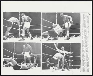 The Knockout From Start to Finish--Sequence camera records knockout of Floyd Patterson by Sonny Liston tonight in Chicago. Top left to bottom right, Patterson is hit, goes down, rolls on his back, and starts up as referee Frank Sikora signals fight is over. Liston officially won by kayo in 2:06 of first.