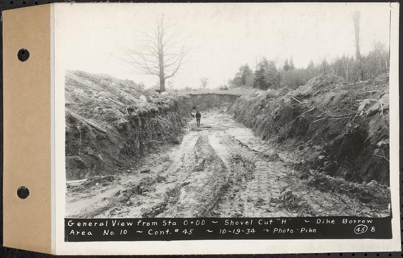 Contract No. 45, Exploration by Shovel Cuts of Borrow Areas for Main Dam and Dike, Belchertown, Enfield, Ware, general view from Sta. 0+00, shovel cut "H", dike borrow area no. 10, Belchertown, Mass., Oct. 19, 1934