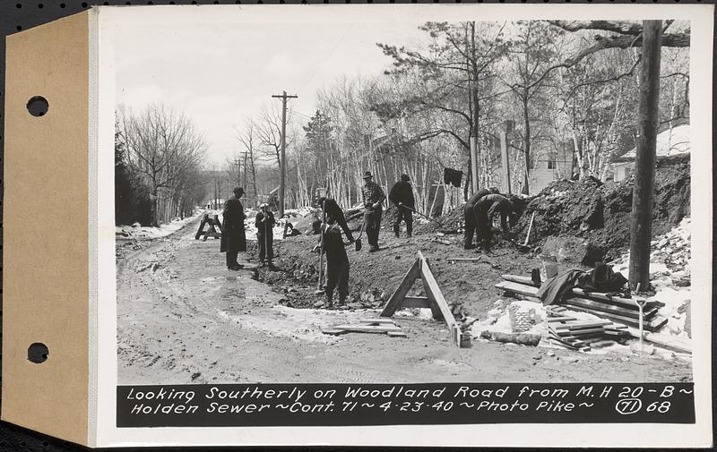 Contract No. 71, WPA Sewer Construction, Holden, looking southerly on Woodland Road from manhole 20-B, Holden Sewer, Holden, Mass., Apr. 23, 1940