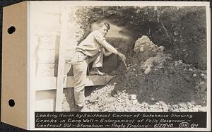 Contract No. 99, Enlargement of Fells High Level Distribution Reservoir, Stoneham, Malden, Melrose, looking north by southeast corner of gatehouse showing cracks in core wall, enlargement of Fells Reservoir, Stoneham, Mass., Jun. 27, 1940