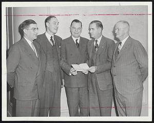 Photo-Engravers Elect - The annual meeting and election of officers of Boston Photo-Engravers Union No. 3 was held yesterday at the Parker House. Officers are, left to right, John Dignan, treasurer; Wilfred T. Connell, business manager; Edward J. Volz, international president; John V. Connolly, president, and Joseph B. Fennessy, vice-president.