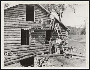 Modern pioneers launch log cabin community. Photo shows: Part of the Donovan Family of twelve at work on their log-cabin home which is the largest in the settlement. On the scaffold is Donald, 5, and his father, Zean Donovan, while standing in foreground is Mrs. Donovan; Nancy, 19, holding Zean Jr., 16 months old, and Arlene, 3
