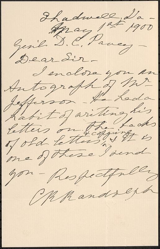 Letter from CR Randolph, Shadwell, Va, to Darwin C. Pavey, 1900 May 1