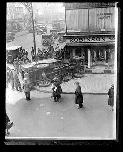 A truck overturned on its side