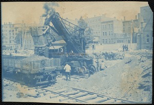 Steam shovel removing sand during construction of new weaving building Lower Pacific Mills