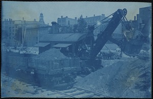 Steam shovel removing sand during construction of new weaving building Lower Pacific Mills