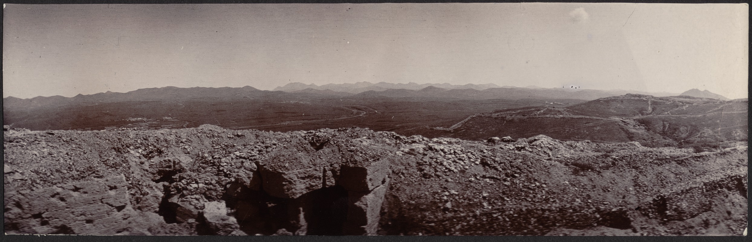 View of mountainous landscape from ruins of an ancient wall