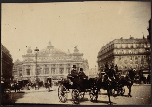 Paris — Busy street scene; several horses and carriages