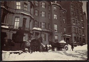 Boston — Street scene after snow storm with horse carts (snow removal) and sleigh
