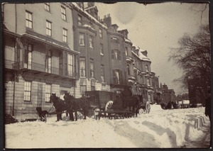 Boston — Street scene after snow storm with brownstones, horses and carriages and sleigh