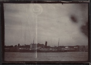 View of battleship at dock