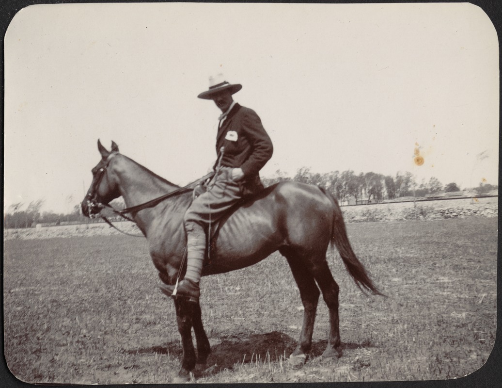 Man with wide-brimmed hat on horse; possibly cavalry officer or Rough Rider