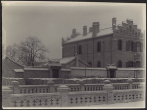 Complex of buildings and carved stone/brick walls in winter