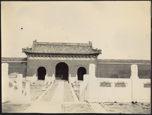 Building with 3-arched doorways; carved stone walls, columns