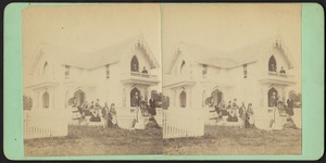 People on the steps, balcony, and entrance of a cottage