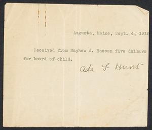 Sacco-Vanzetti Case Records, 1920-1928. Defense Papers. Receipts issued to Mayhew J. Hassam "for board of child," 1907-1915. Box 13, Folder 5, Harvard Law School Library, Historical & Special Collections