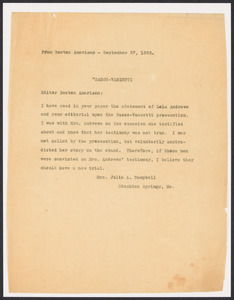 Sacco-Vanzetti Case Records, 1920-1928. Defense Papers. Copies of letter from Julia Campbell to the Boston American, September 27, 1922. Box 13, Folder 12, Harvard Law School Library, Historical & Special Collections