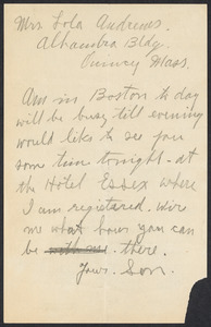 Sacco-Vanzetti Case Records, 1920-1928. Defense Papers. Handwritten note to Andrews from her son (John A. Hassam), n.d. Box 13, Folder 13, Harvard Law School Library, Historical & Special Collections