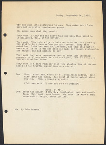 Sacco-Vanzetti Case Records, 1920-1928. Defense Papers. One typewritten page describing an encounter with Lola Andrews, dictated by John Hassam, September 24, 1922. Box 13, Folder 15, Harvard Law School Library, Historical & Special Collections