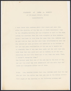 Sacco-Vanzetti Case Records, 1920-1928. Defense Papers. Deposition: Barstow, Laura A., n.d. Box 13, Folder 19, Harvard Law School Library, Historical & Special Collections
