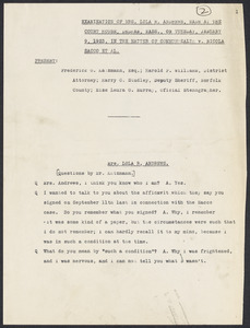 Sacco-Vanzetti Case Records, 1920-1928. Defense Papers. Examination of Lola Andrews at Dedham, January 9, 1923. Box 13, Folder 39, Harvard Law School Library, Historical & Special Collections