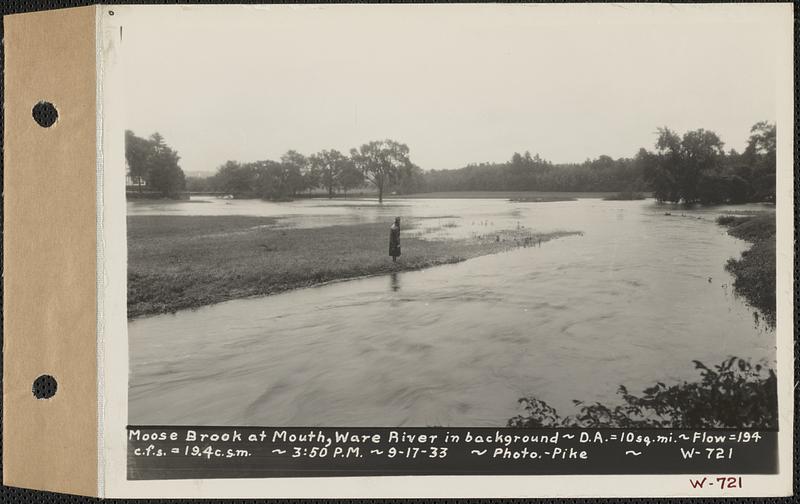 Moose Brook, at mouth, Ware River in background, drainage area = 10 square miles, flow = 194 cubic feet per second = 19.4 cubic feet per second per square mile, Hardwick, Mass., 3:50 PM, Sep. 17, 1933