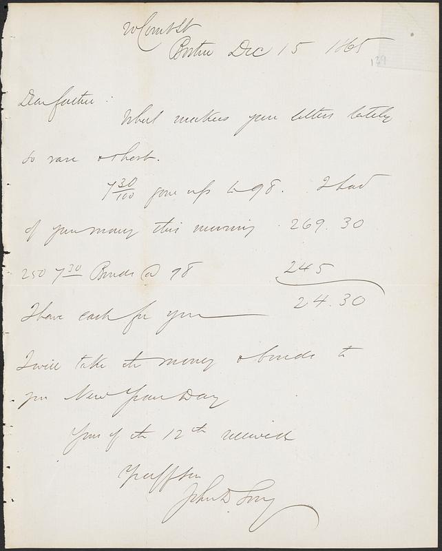 Letter from John D. Long to Zadoc Long, December 15, 1865