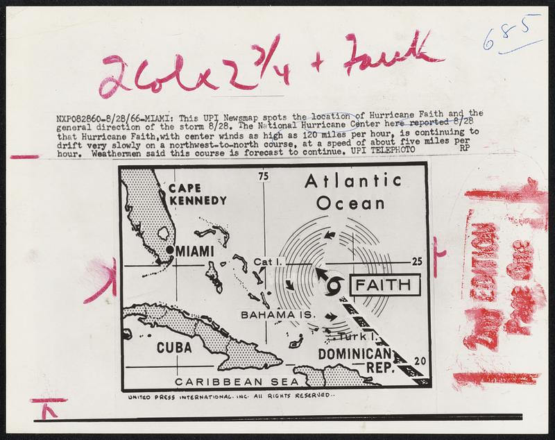 This UPI Newsmap spots the location of Hurricane Faith and the general direction of the storm 8/28. The National Hurricane Center here reported 8/28 that Hurricane Faith, with center winds as high as 120 miles per hour, is continuing to drift very slowly on a northwest-to-north course, at a speed of about five miles per hour. Weathermen said this course is forecast to continue.