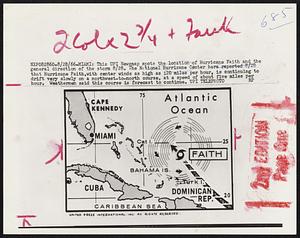 This UPI Newsmap spots the location of Hurricane Faith and the general direction of the storm 8/28. The National Hurricane Center here reported 8/28 that Hurricane Faith, with center winds as high as 120 miles per hour, is continuing to drift very slowly on a northwest-to-north course, at a speed of about five miles per hour. Weathermen said this course is forecast to continue.