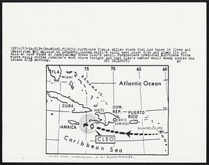 Hurricane Cleo,a killer storm that has taken 14 lives and devastated $63 million in property,lashed Haiti’s south west coast 8/24 and aimed its 140 mile an hour winds at Jamaica(map shows Cleo’s path). Forecasters predicted hurricane force winds would strike Jamaica’s east shore tonight and that Cleo’s center would sweep across the island 8/25 morning.