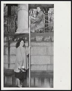 It Really Did Snow-Mary Duane, below, of Cambridge, and Florence Higgins of Dorchester pointing to depth of 96.6 inches of snow that fell on Boston Common during the winter, as estimated by Harvard's Blue Hill observatory.