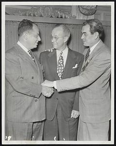 Dentists' President-Elect Congratulated--Dr. Phillip E. Adams (center) of Boston, unanimously chosen president-elect of the America Dental Association during its 89th annual meeting in Chicago, is congratulated by Dr. Herbert I. Margolis (left), also of Boston, president of Massachusetts Dental Society, and Dr. Henry Hicks of Greenwich, Ct.