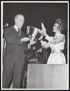 In Appreciation - Mayor White receives Paul Revere Bowl for his encouragement and cooperation in presenting the APA Outdoor Festivals at City Hall during July. Mrs Myron Snyder, chairman of the festivals, made the presentation after the final concert.