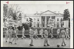 White House Pickets-These men in striped uniforms are picketing the White House in Washington under sponsorship of the Committee for Amnesty. They ask freedom for violators of selective service act.