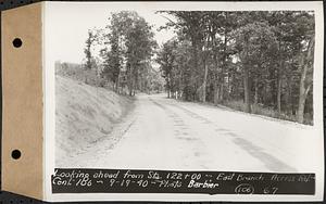 Contract No. 106, Improvement of Access Roads, Middle and East Branch Regulating Dams, and Quabbin Reservoir Area, Hardwick, Petersham, New Salem, Belchertown, looking ahead from Sta. 122+00, East Branch access road, Belchertown, Mass., Sep. 19, 1940