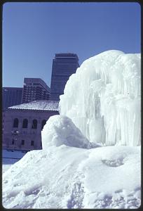 Frozen fountain, Copley Square, Boston Public Library and Prudential Center in the background