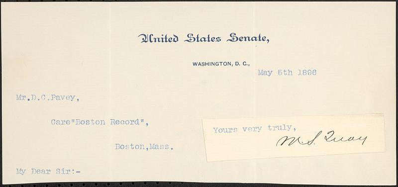 Autograph of Matthew Stanley Quay, Washington, D.C., 1896 May 6