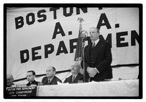Boston Park Department function, Boston Parks Commissioner William Long seated in center