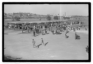 A crowd of people gathered by buses