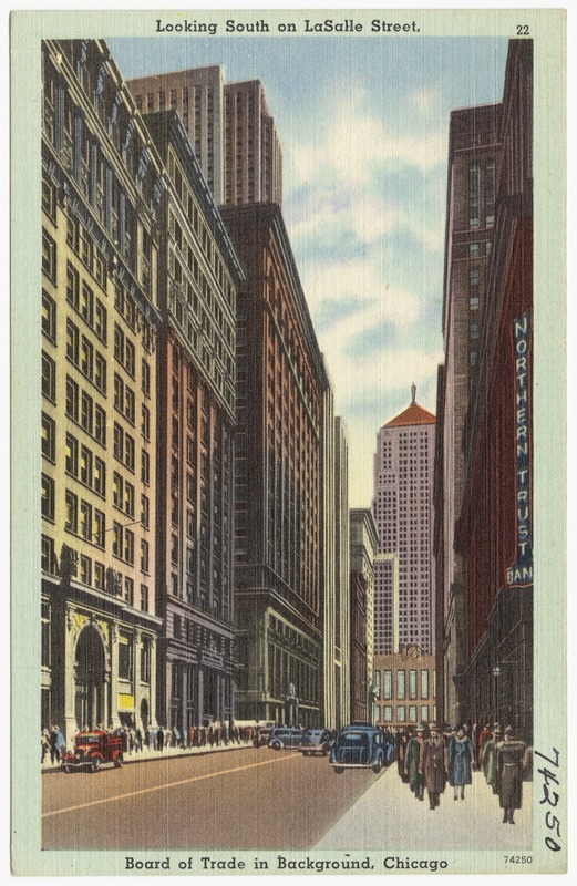 Looking south on LaSalle Street, Board of Trade in background, Chicago