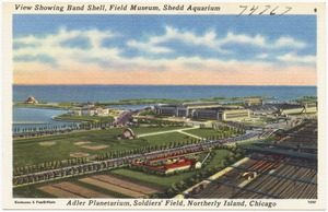 View showing band shell, Field Museum, Shedd Aquarium, Adler Planetarium, Soldiers' Field, Northerly Island, Chicago