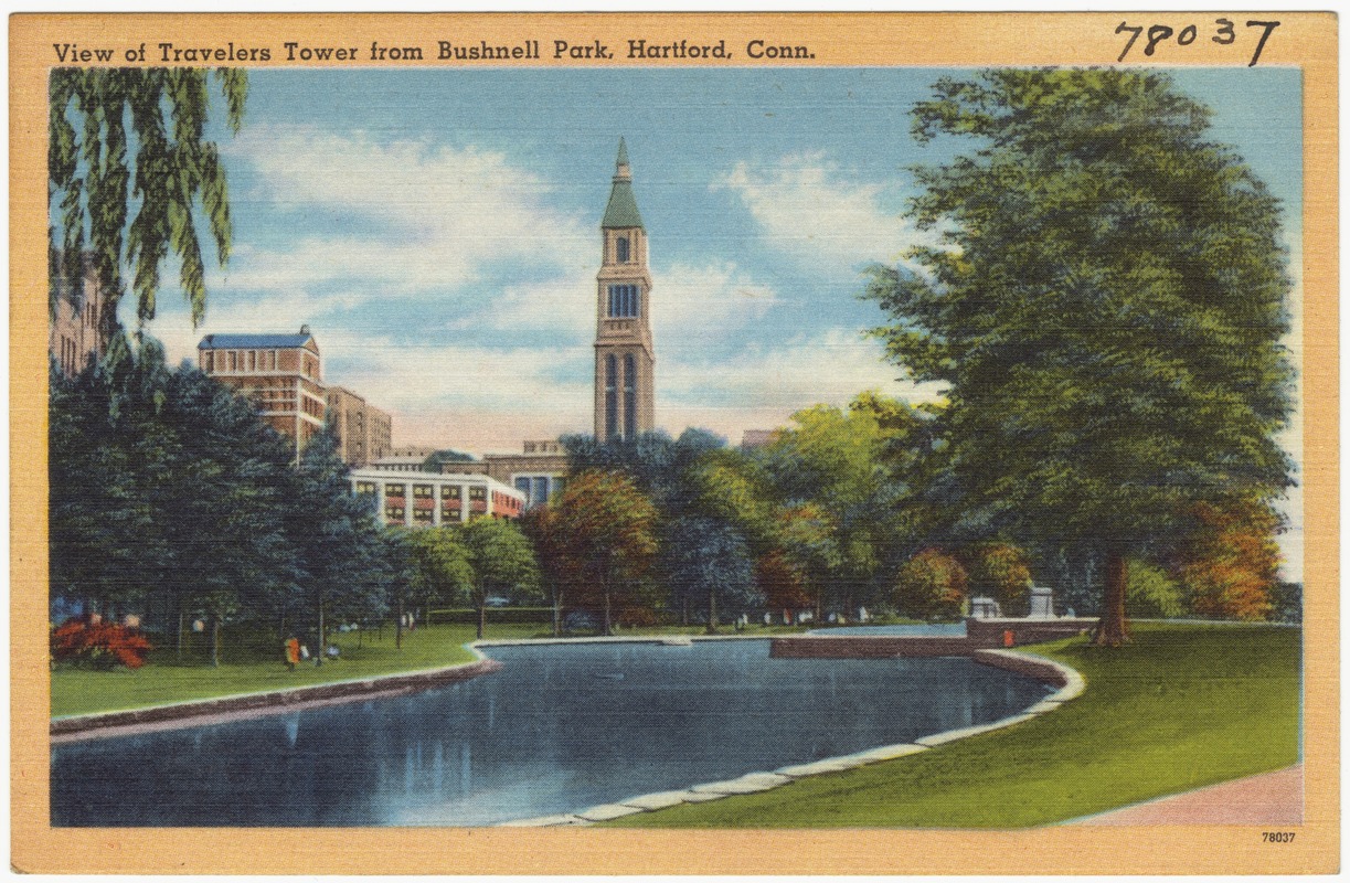 View of Travelers Tower from Bushnell Park, Hartford, Conn.