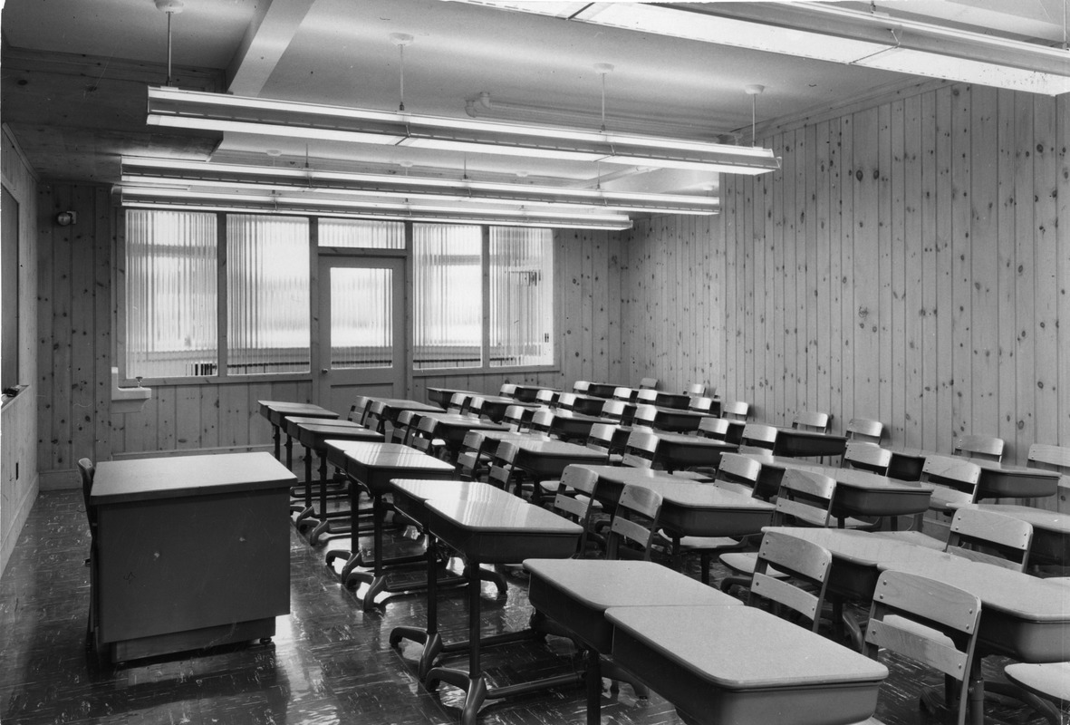 Classroom with wood paneling
