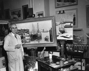 President Maurice Lindsay with his paintings