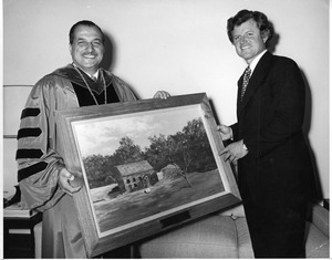 President Gregory Adamian presents Maurice Monroe Lindsay painting to Senator Edward M. "Ted" Kennedy, 1975
